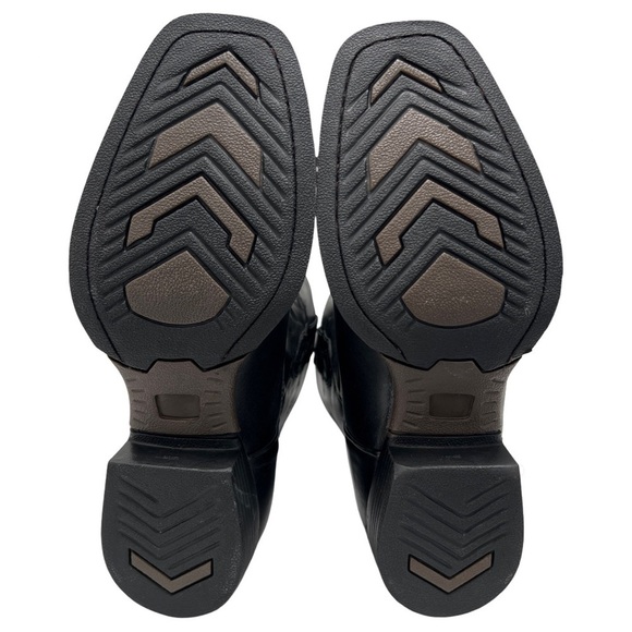 Black Leather Cowboy Cowgirl Western Barbed Wire Square Toe Treaded Work Boots - Picture 6 of 9